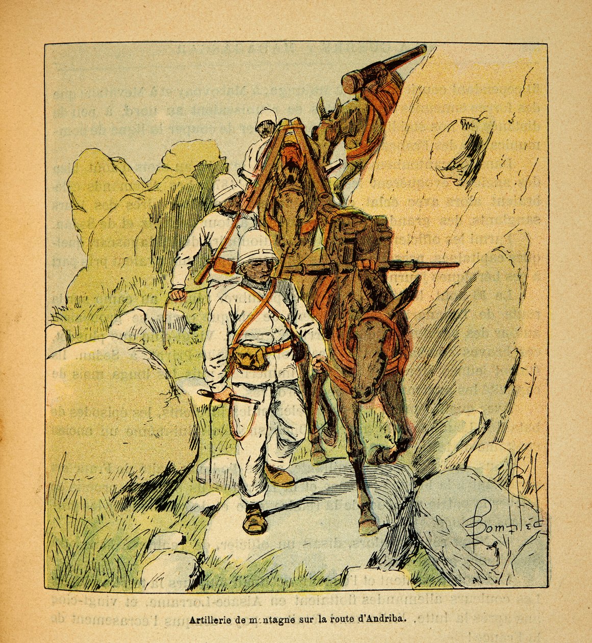 De oorlog in Madagaskar-Anekdotische geschiedenis van de Franse expedities van 1885-1895 door Henri Galli alias Galllichet (1854-1922), geïllustreerd door Louis Bombled (1862-1927): Bergartillerie op de Andriba-weg naar Madagaskar in 1895, Privécollectie door Louis Charles Bombled