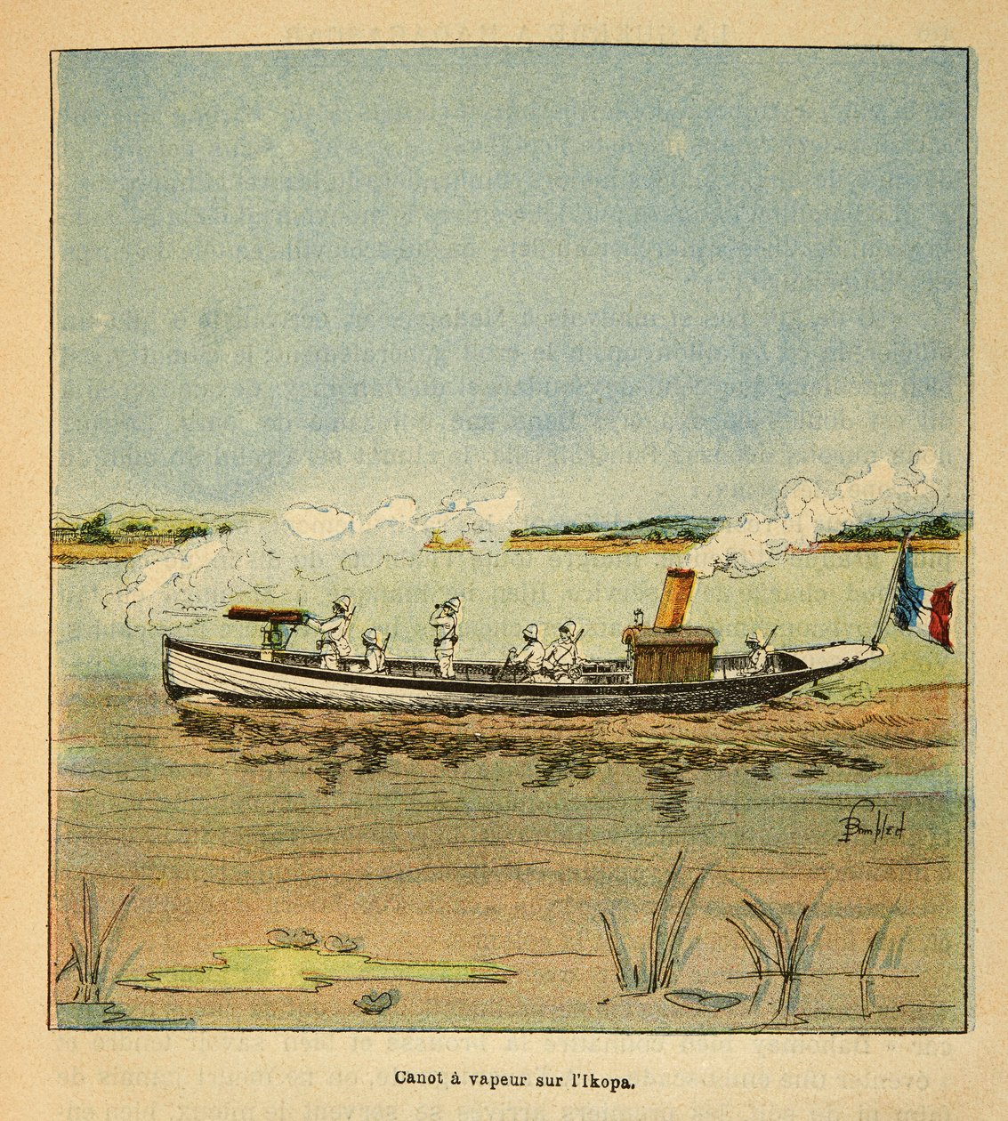 De oorlog in Madagaskar-Anekdotische geschiedenis van de Franse expedities van 1885-1895 door Henri Galli alias Galllichet (1854-1922), geïllustreerd door Louis Bombled (1862-1927): Franse kanonneerboot op de Ikopa-rivier in Madagaskar in 1895, Privécollec door Louis Charles Bombled