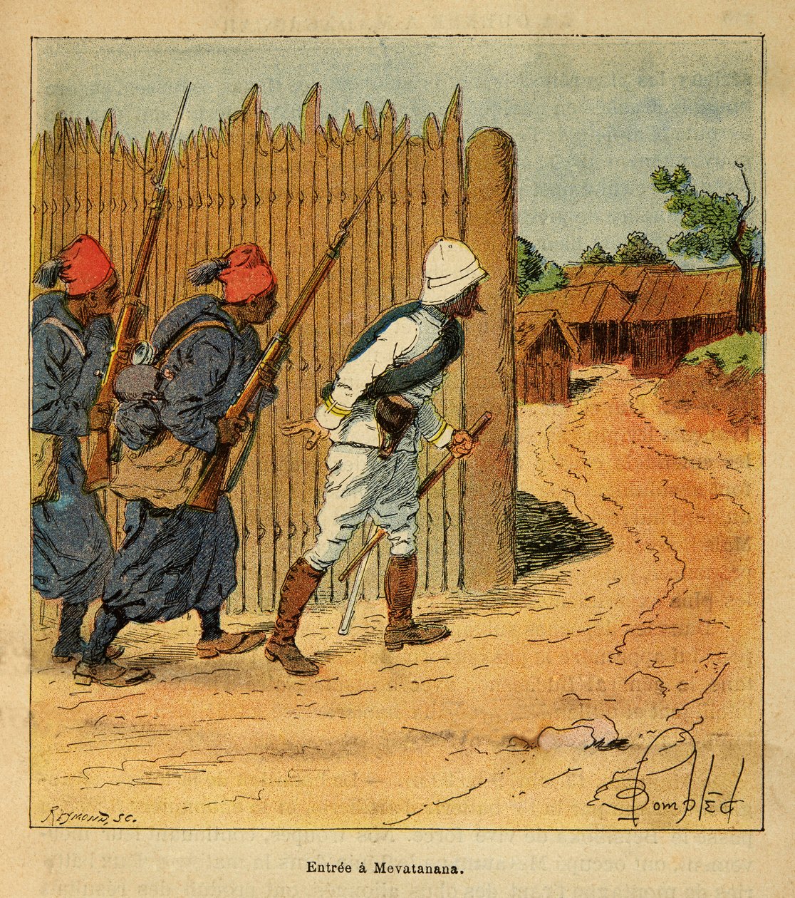 De oorlog in Madagaskar-Anekdotische geschiedenis van de Franse expedities van 1885-1895 door Henri Galli alias Galllichet (1854-1922), geïllustreerd door Louis Bombled (1862-1927): Franse troepen betraden het dorp Mevatanana in 1895, Privécollectie door Louis Charles Bombled