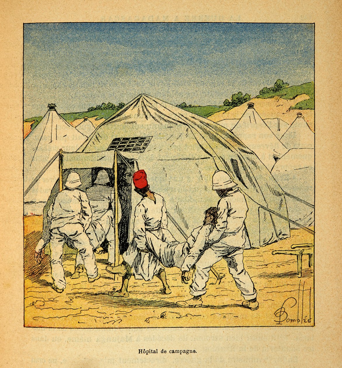 De oorlog in Madagaskar - Anekdotische geschiedenis van de Franse expedities van 1885-1895 door Henri Galli, geïllustreerd door Louis Bombled: Militair veldhospitaal in Madagaskar in 1895 door Louis Charles Bombled