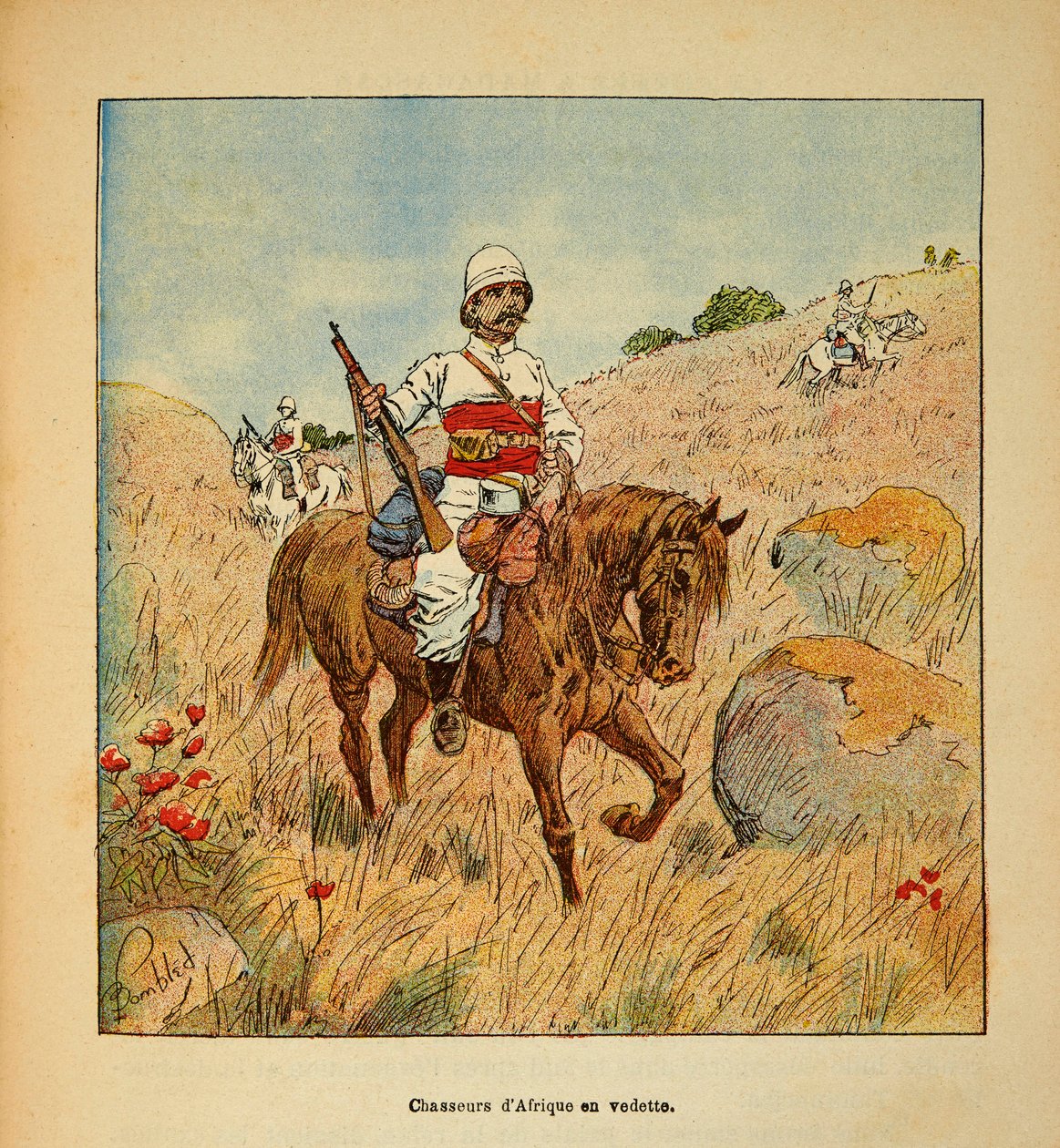 De oorlog in Madagaskar - Anekdotische geschiedenis van de Franse expedities van 1885-1895 door Henri Galli, geïllustreerd door Louis Bombled: Afrikaanse jager op verkenning in Madagaskar in 1895 door Louis Charles Bombled