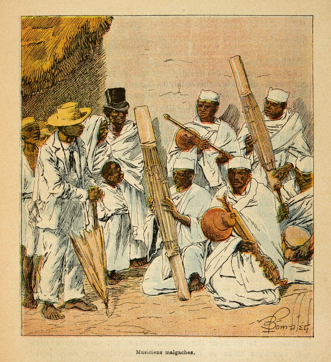 De oorlog in Madagaskar - Anekdotische geschiedenis van de Franse expedities van 1885-1895 door Henri Galli, geïllustreerd door Louis Bombled: Malagassische muzikanten in de 19e eeuw door Louis Charles Bombled