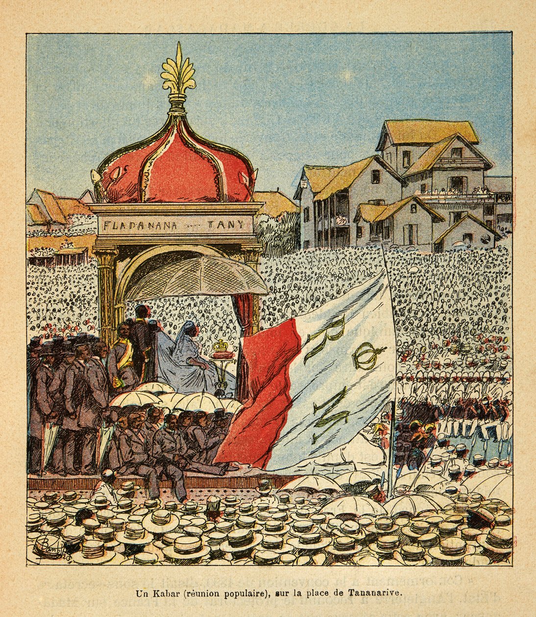 De oorlog in Madagaskar - Anekdotische geschiedenis van de Franse expedities van 1885-1895 door Henri Galli, geïllustreerd door Louis Bombled: Een Kabar (populaire bijeenkomst) op het Tananarive-plein in de 19e eeuw in aanwezigheid van de koningin door Louis Charles Bombled