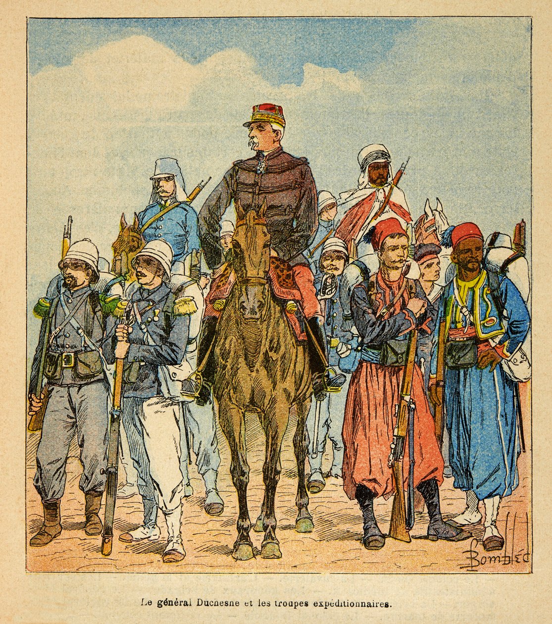 De oorlog in Madagaskar - Anekdotische geschiedenis van de Franse expedities van 1885-1895 door Henri Galli, geïllustreerd door Louis Bombled: Generaal Duchesne met de expeditietroepen van Madagaskar door Louis Charles Bombled