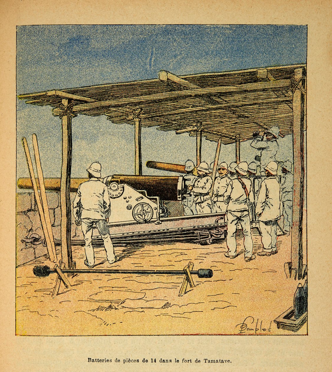 De oorlog in Madagaskar - Anecdotische geschiedenis van de Franse expedities van 1885-1895 door Henri Galli, geïllustreerd door Louis Bombled: Trommels van 14 stuks in het fort van Tamatave in 1895, privécollectie door Louis Charles Bombled