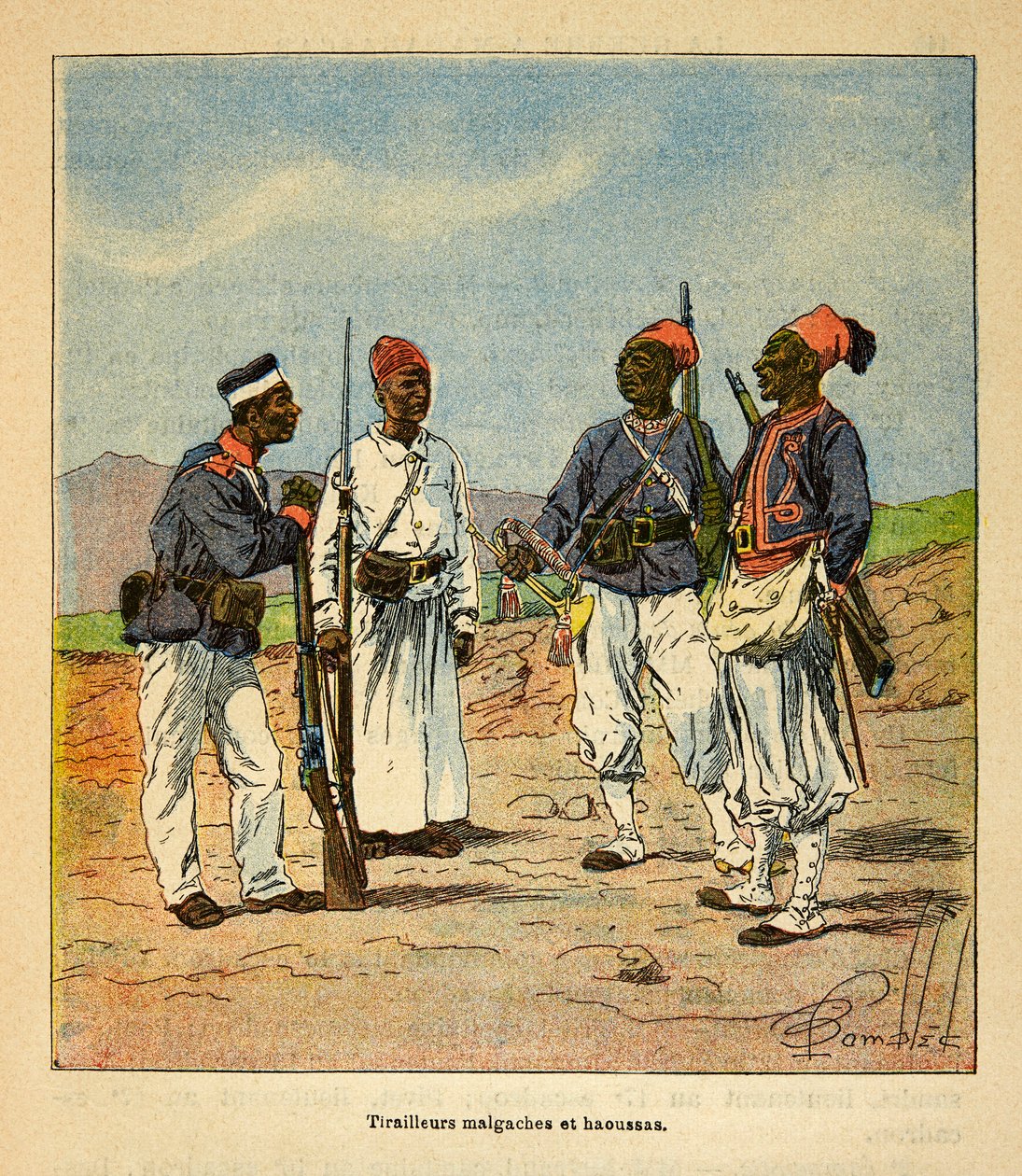 De oorlog in Madagaskar - Anecdotische geschiedenis van de Franse expedities van 1885-1895 door Henri Galli, geïllustreerd door Louis Bombled: Malagassische en Haoussas Tirailleurs, privécollectie door Louis Charles Bombled