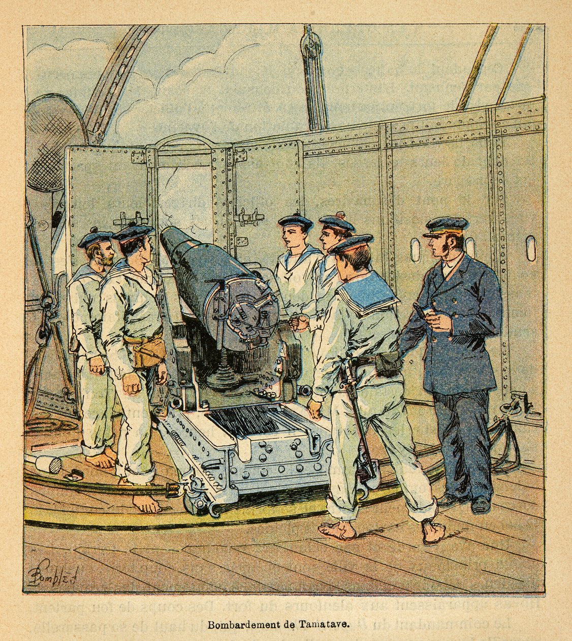 De oorlog in Madagaskar - Anecdotische geschiedenis van de Franse expedities van 1885-1895 door Henri Galli, geïllustreerd door Louis Bombled: Bombardement van Tamatave door de Franse marine, privécollectie door Louis Charles Bombled