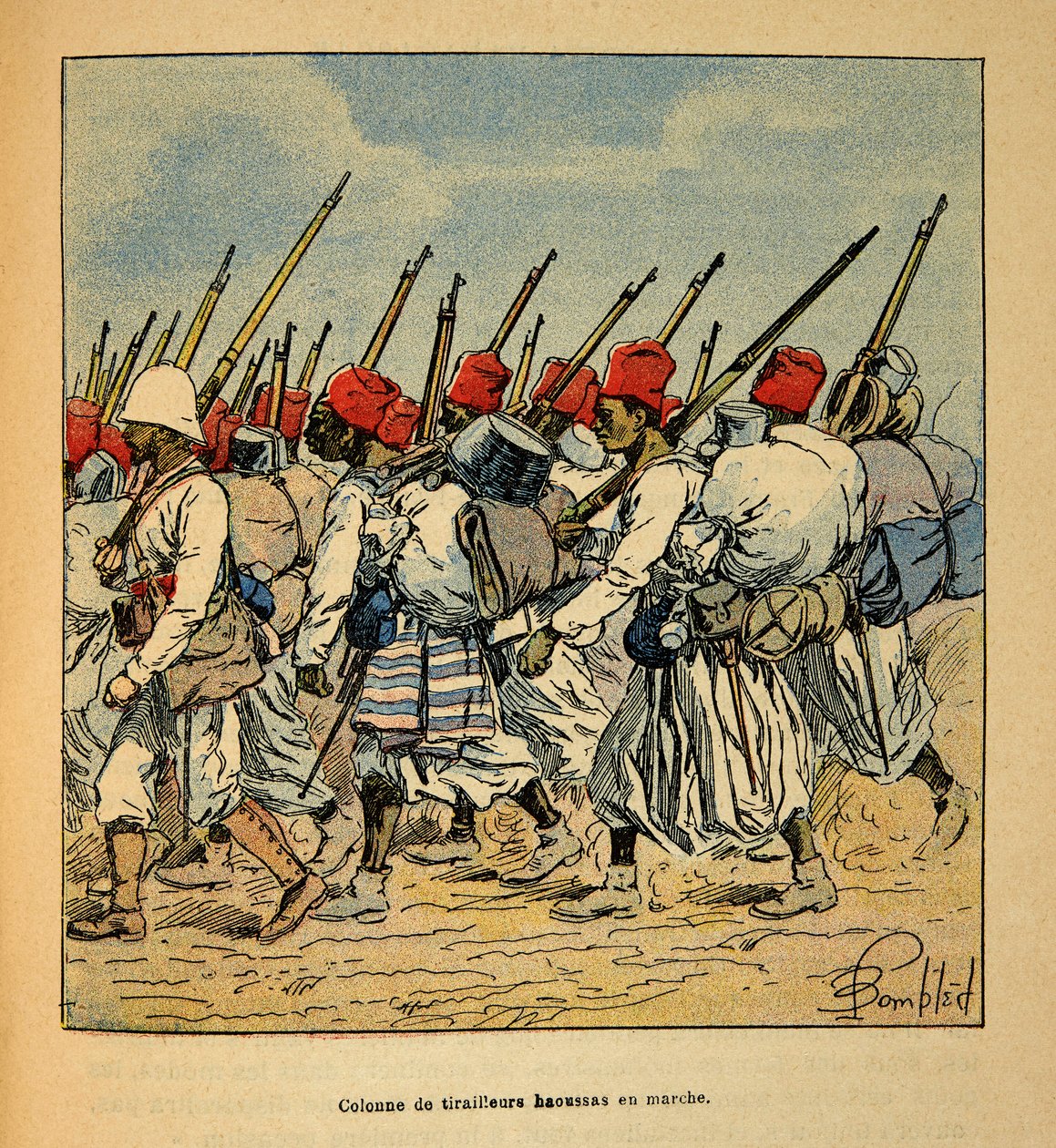 De oorlog in Madagaskar - Anecdotische geschiedenis van de Franse expedities van 1885-1895 door Henri Galli, geïllustreerd door Louis Bombled: Kolonne van Haoussas Tirailleurs marcherend in 1895 door Louis Charles Bombled