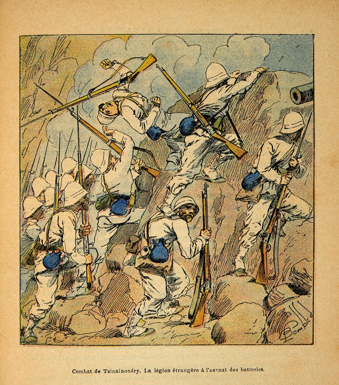 De oorlog in Madagaskar-Anekdotische geschiedenis van de Franse expedities van 1885-1895 door Henri Galli, geïllustreerd door Louis Bombled: Slag bij Tsinainondry, het vreemdelingenlegioen bij de aanval op de Hovas-batterijen in 1895 door Louis Charles Bombled