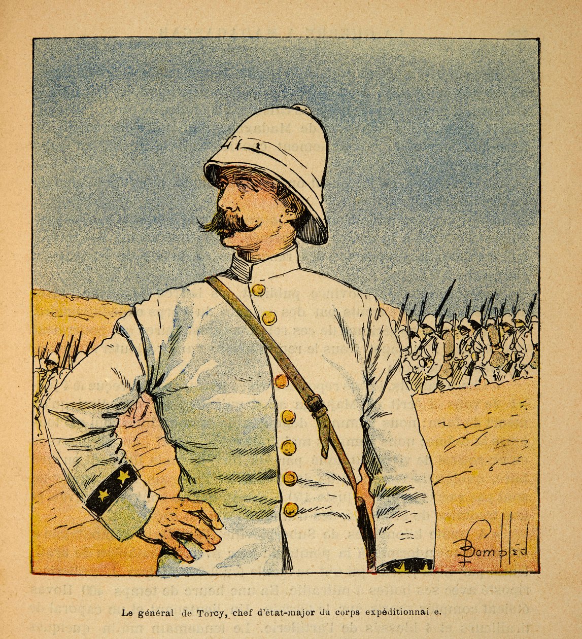 De oorlog in Madagaskar-Anekdotische geschiedenis van de Franse expedities van 1885-1895 door Henri Galli, geïllustreerd door Louis Bombled: Portret van generaal De Torcy, stafchef van de expeditieleger in Madagaskar door Louis Charles Bombled