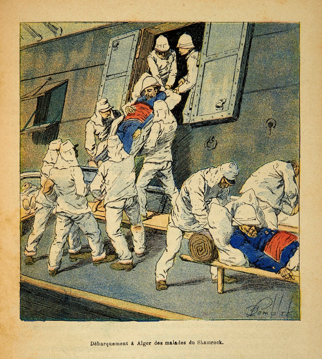 De oorlog in Madagaskar-Anekdotische geschiedenis van de Franse expedities van 1885-1895 door Henri Galli, geïllustreerd door Louis Bombled: Ontscheping in Algiers in 1895 van de zieke troepen van het hospitaalschip de Shamrock uit Madagaskar door Louis Charles Bombled