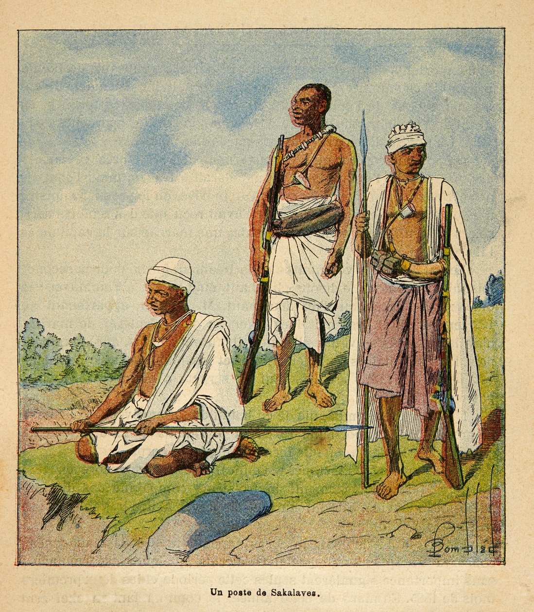 De oorlog in Madagaskar-Anekdotische geschiedenis van de Franse expedities van 1885-1895 door Henri Galli, geïllustreerd door Louis Bombled: Krijger Sakalavas door Louis Charles Bombled