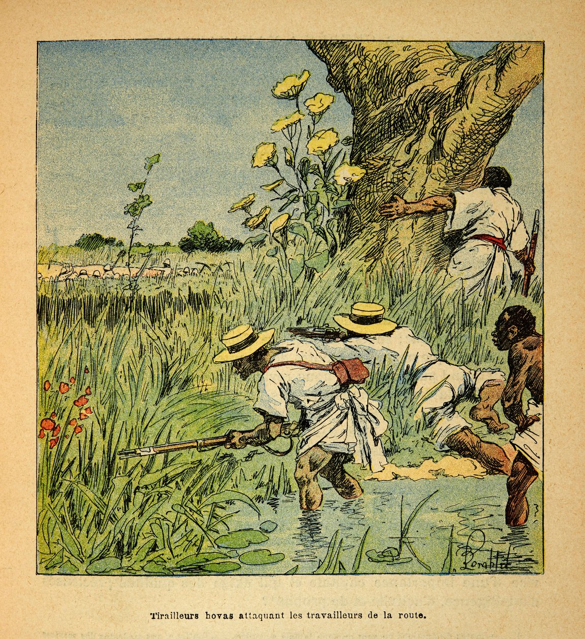 De oorlog in Madagaskar - Anecdotische geschiedenis van de Franse expedities van 1885-1895 door Henri Galli, geïllustreerd door Louis Bombled: Hovas Tirailleurs vallen het leger aan dat een weg bouwt in 1895 door Louis Charles Bombled