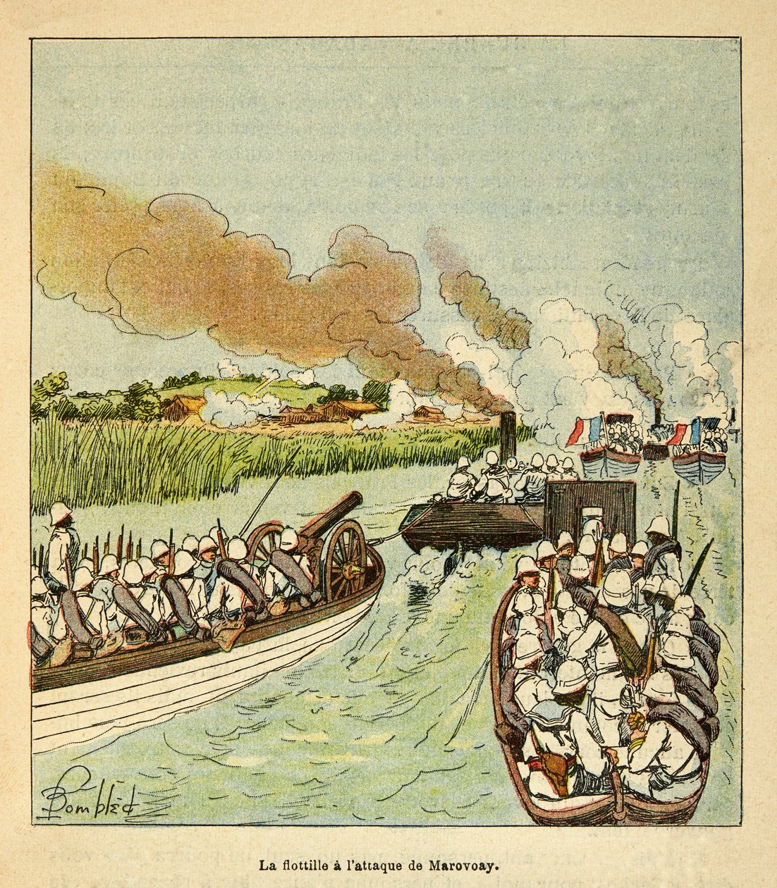 De oorlog in Madagaskar - Anecdotische geschiedenis van de Franse expedities van 1885-1895 door Henri Galli, geïllustreerd door Louis Bombled: De marine-infanterie viel de stad Marovoay aan in 1895 door Louis Charles Bombled
