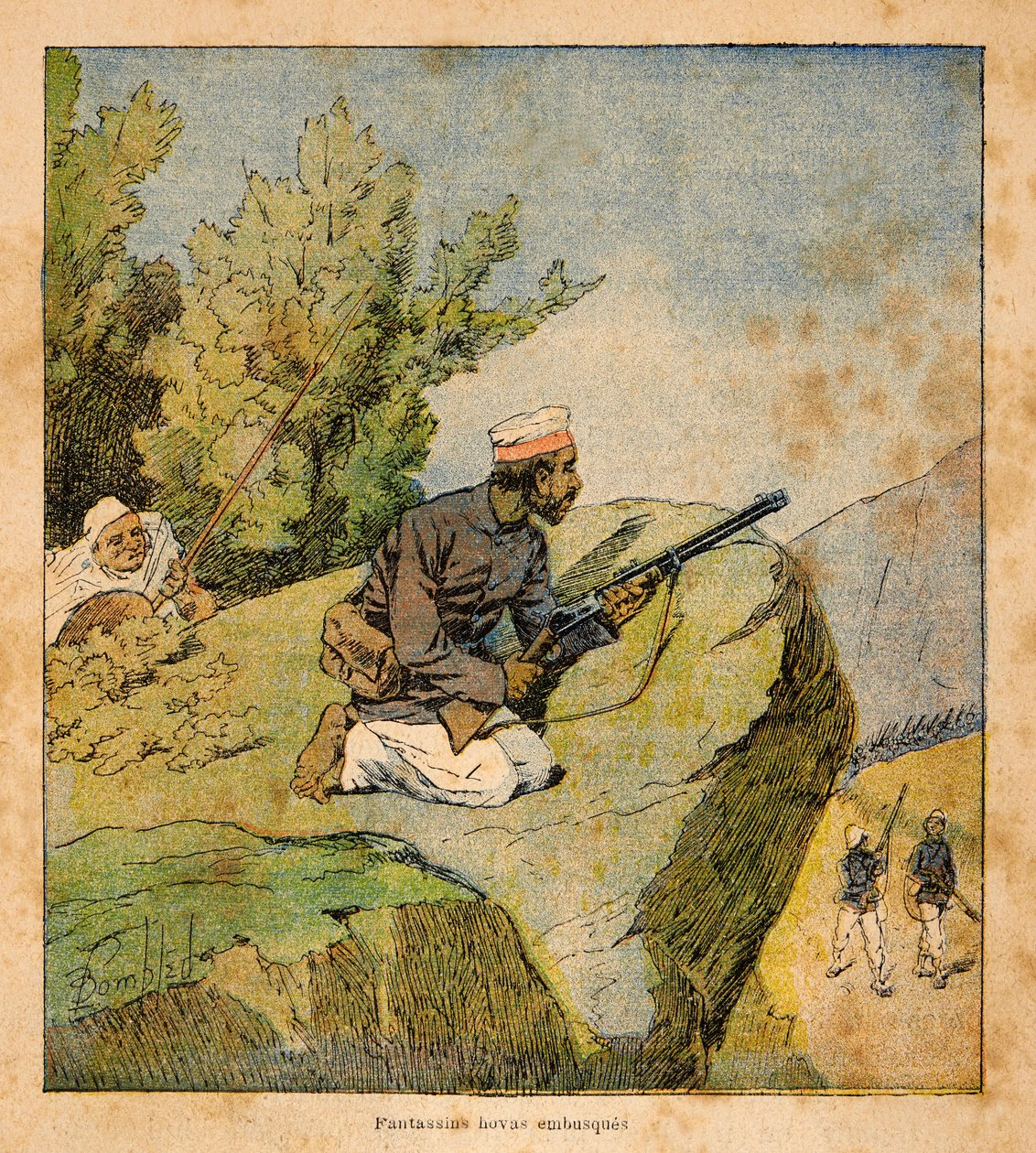 De oorlog in Madagaskar - Anecdotische geschiedenis van de Franse expedities van 1885-1895 door Henri Galli, geïllustreerd door Louis Bombled: Hovas hinderlagen door Louis Charles Bombled