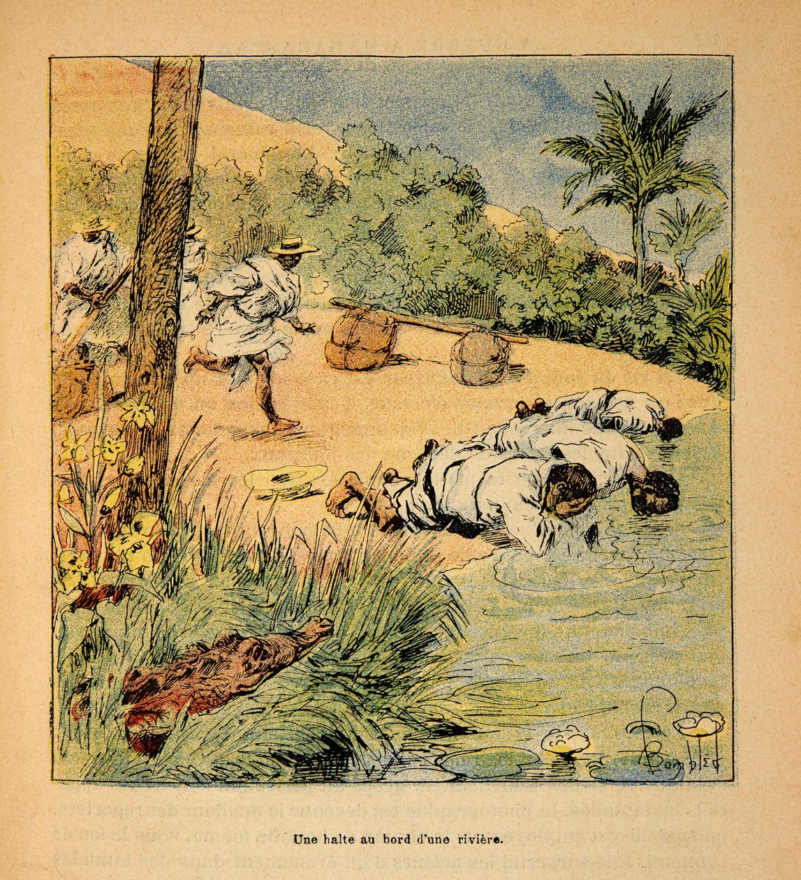 De Oorlog in Madagaskar-Anekdotische Geschiedenis van de Franse Expedities van 1885-1895 door Henri Galli alias Galllichet (1854-1922), geïllustreerd door Louis Bombled (1862-1927): Een stop bij de rivier in 1895, Privécollectie door Louis Charles Bombled