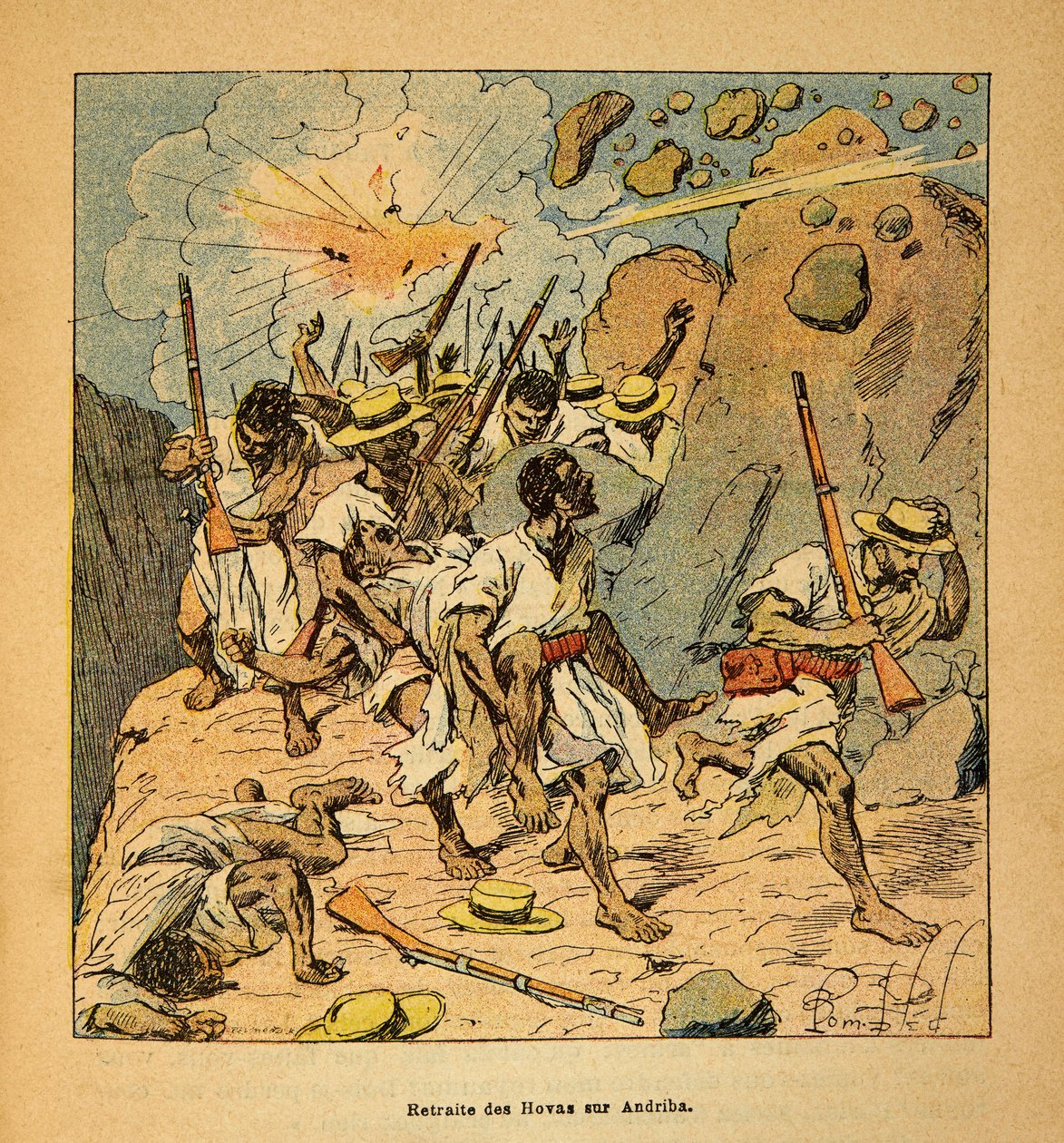 De oorlog in Madagaskar-Anekdotische geschiedenis van de Franse expedities van 1885-1895 door Henri Galli dit Galllichet (1854-1922), geïllustreerd door Louis Bombled (1862-1927): Terugtocht van de Hovas op Andriba, Privécollectie door Louis Charles Bombled
