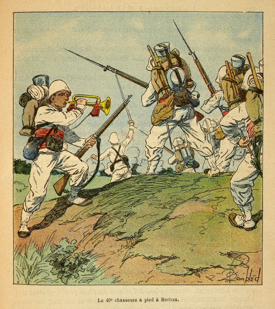 De oorlog in Madagaskar-Anekdotische geschiedenis van de Franse expedities van 1885-1895 door Henri Galli dit Galllichet (1854-1922), geïllustreerd door Louis Bombled (1862-1927): De 40e voetjagers tijdens de gevechten in Beritza in 1895, Privécollectie door Louis Charles Bombled