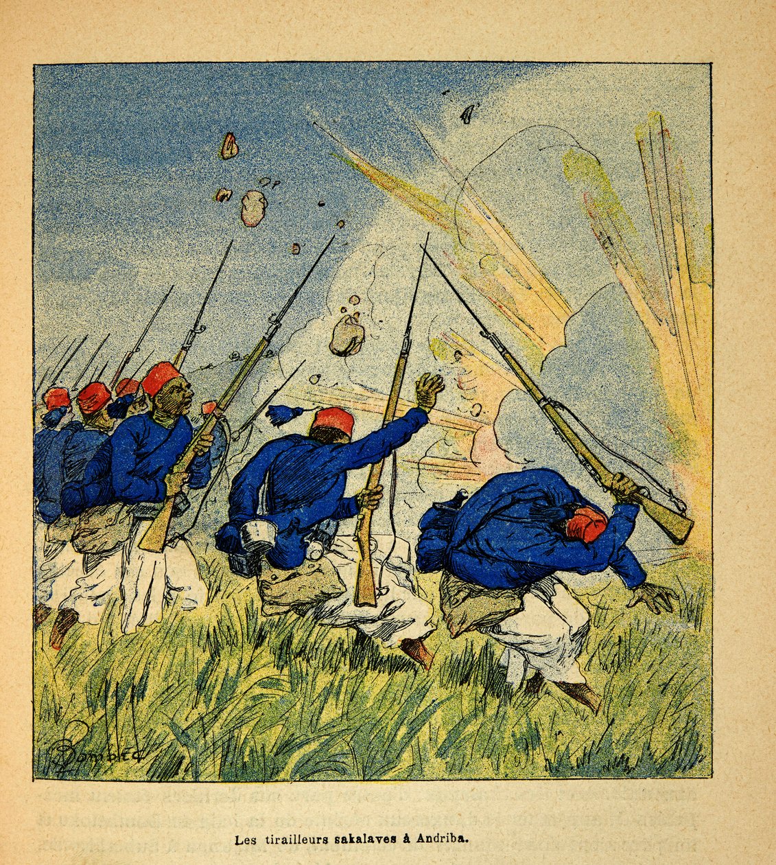 De Oorlog in Madagaskar-Anekdotische Geschiedenis van de Franse Expedities van 1885-1895 door Henri Galli, geïllustreerd door Louis Bombled: De Sakalave Tirailleurs tijdens de gevechten in Andriba in 1895, privécollectie door Louis Charles Bombled