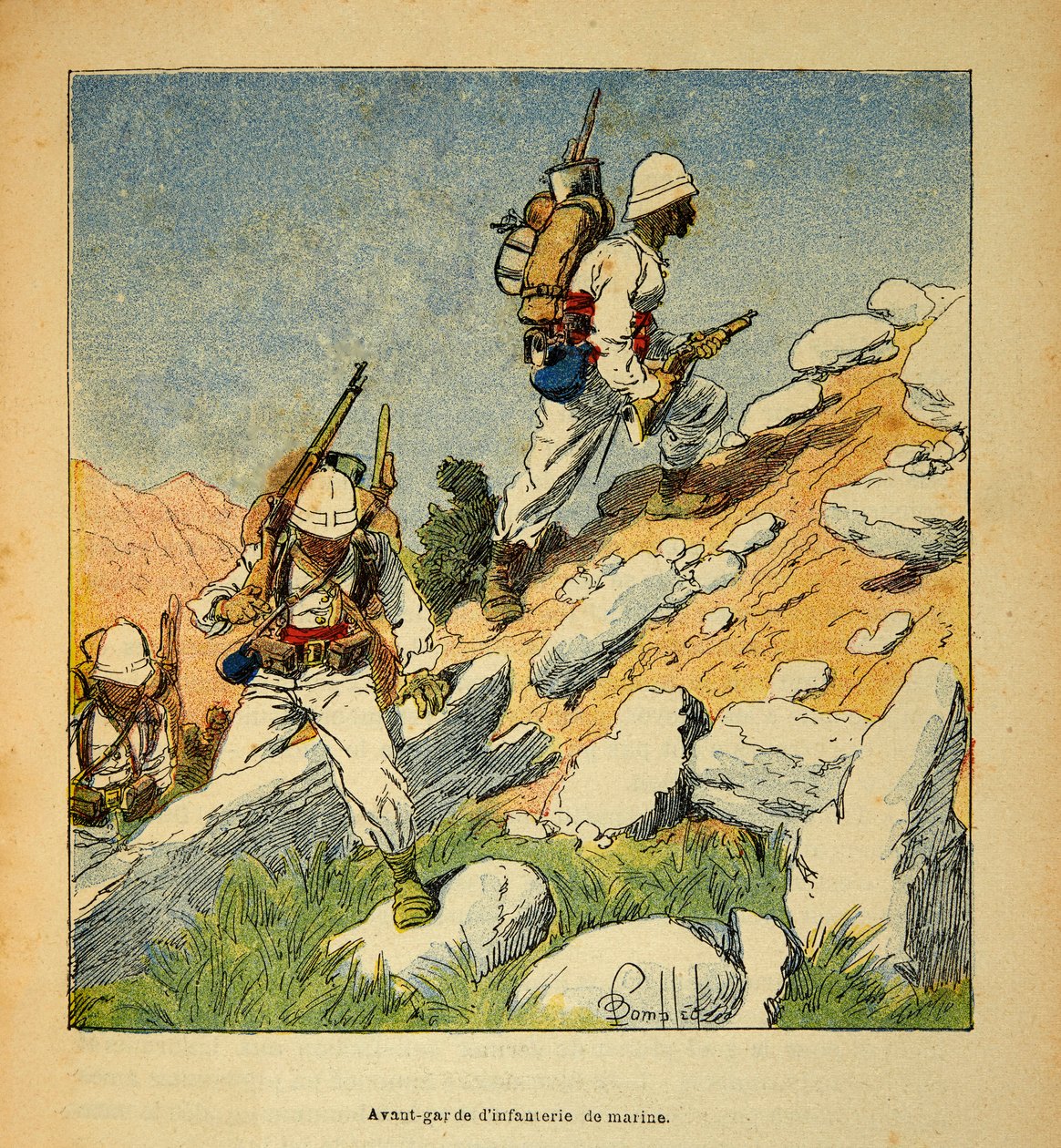 De Oorlog in Madagaskar-Anekdotische Geschiedenis van de Franse Expedities van 1885-1895 door Henri Galli, geïllustreerd door Louis Bombled: Voorhoede van de infanterie in Madagaskar in 1895, privécollectie door Louis Charles Bombled