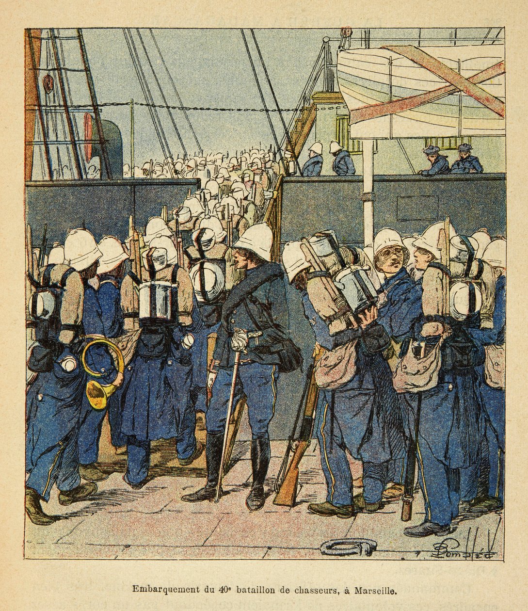 De oorlog in Madagaskar - Anekdotische geschiedenis van de Franse expedities van 1885-1895 door Henri Galli, geïllustreerd door Louis Bombled: Inscheping van het 40e jagerbataljon in Marseille voor Madagaskar in 1895 door Louis Charles Bombled