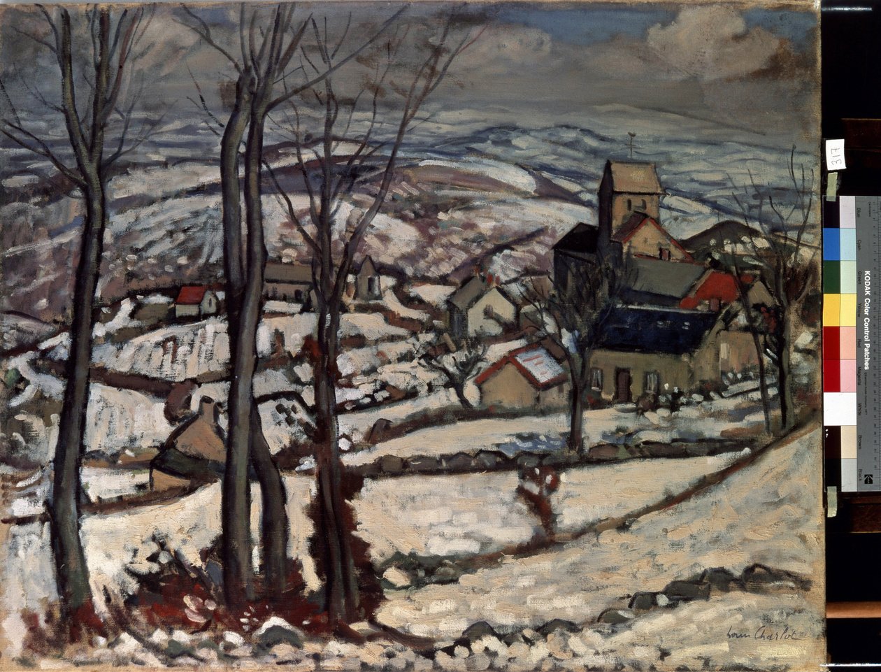 Dorp in Morvan onder de sneeuw door Louis Charlot