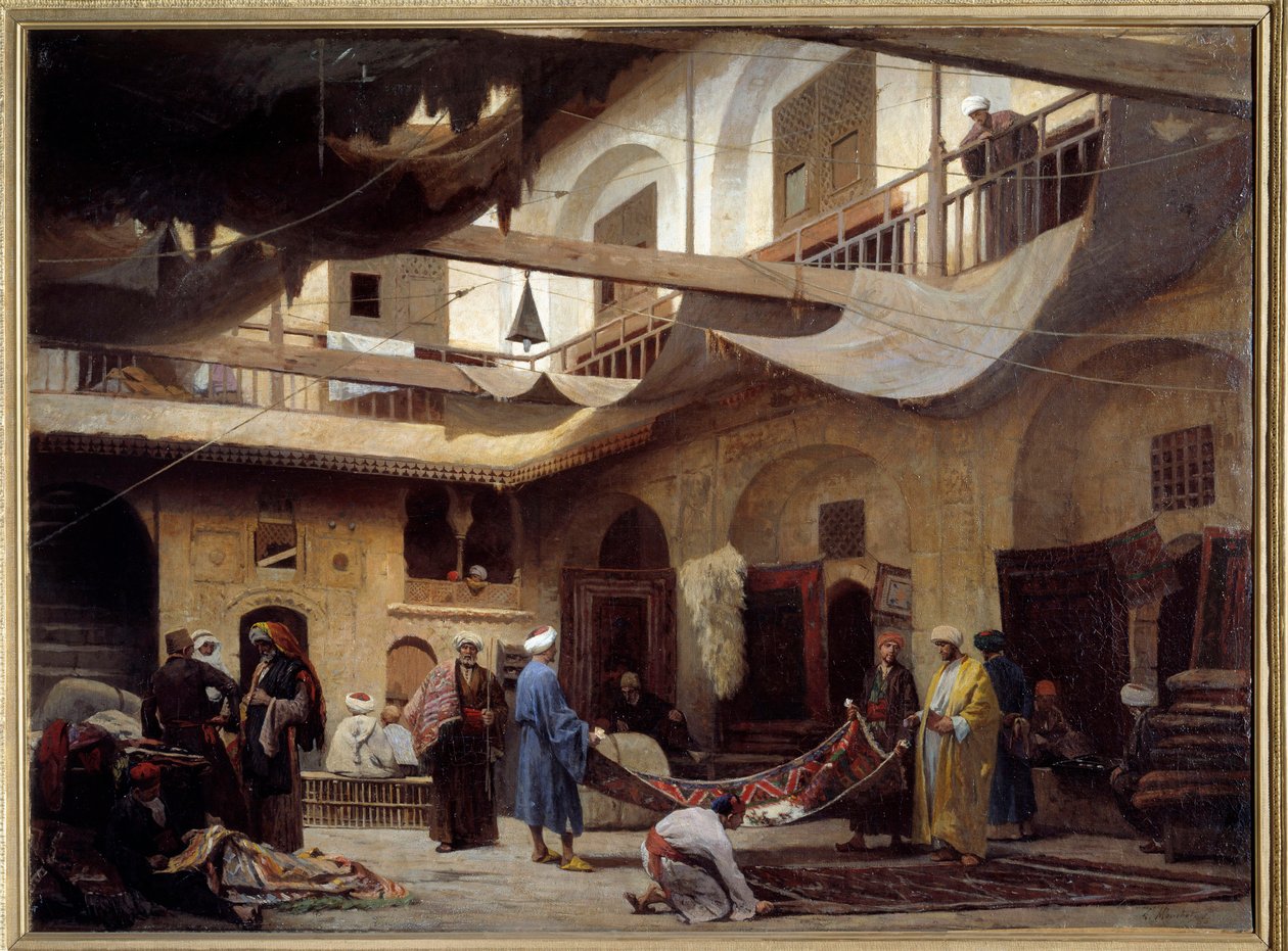 De tapijtbazaar in de Khan-Khabil in Caïro in 1866 door Louis Claude Mouchot