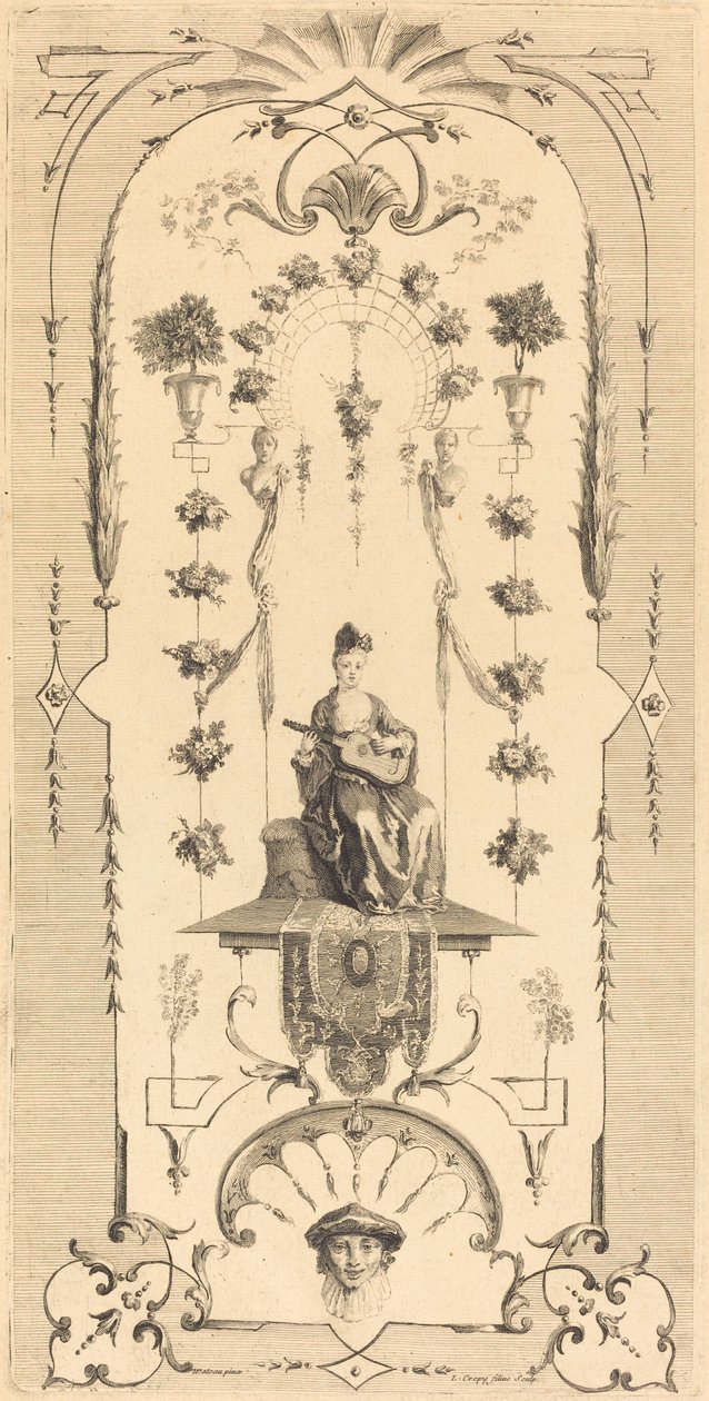 Zittende Vrouw die Gitaar Speelt door Louis Crépy after Antoine Watteau