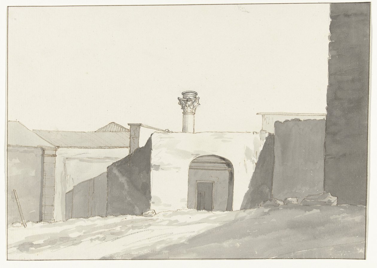 Antieke zuil en gebouwen in haven van Brindisi door Louis Ducros