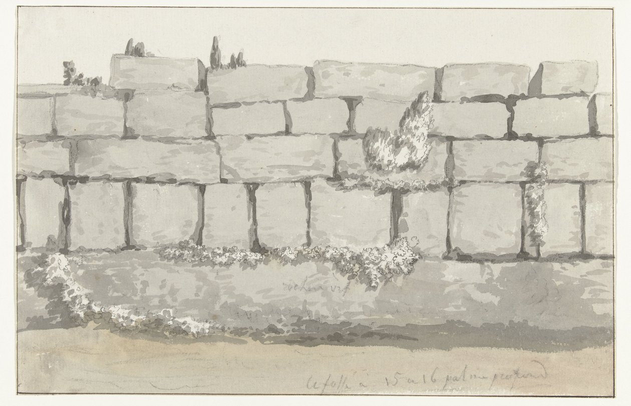 Buitenkant van de buitenmuur van de antieke tempel in de oude stad Manduria door Louis Ducros