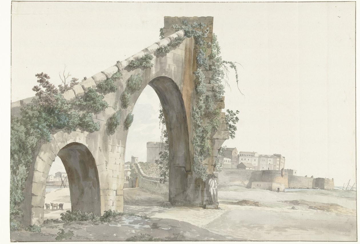 Gezicht op aquaduct en de stad Tarente (Voyage en Italie, en Sicile et à Malte - 1778) door Louis Ducros