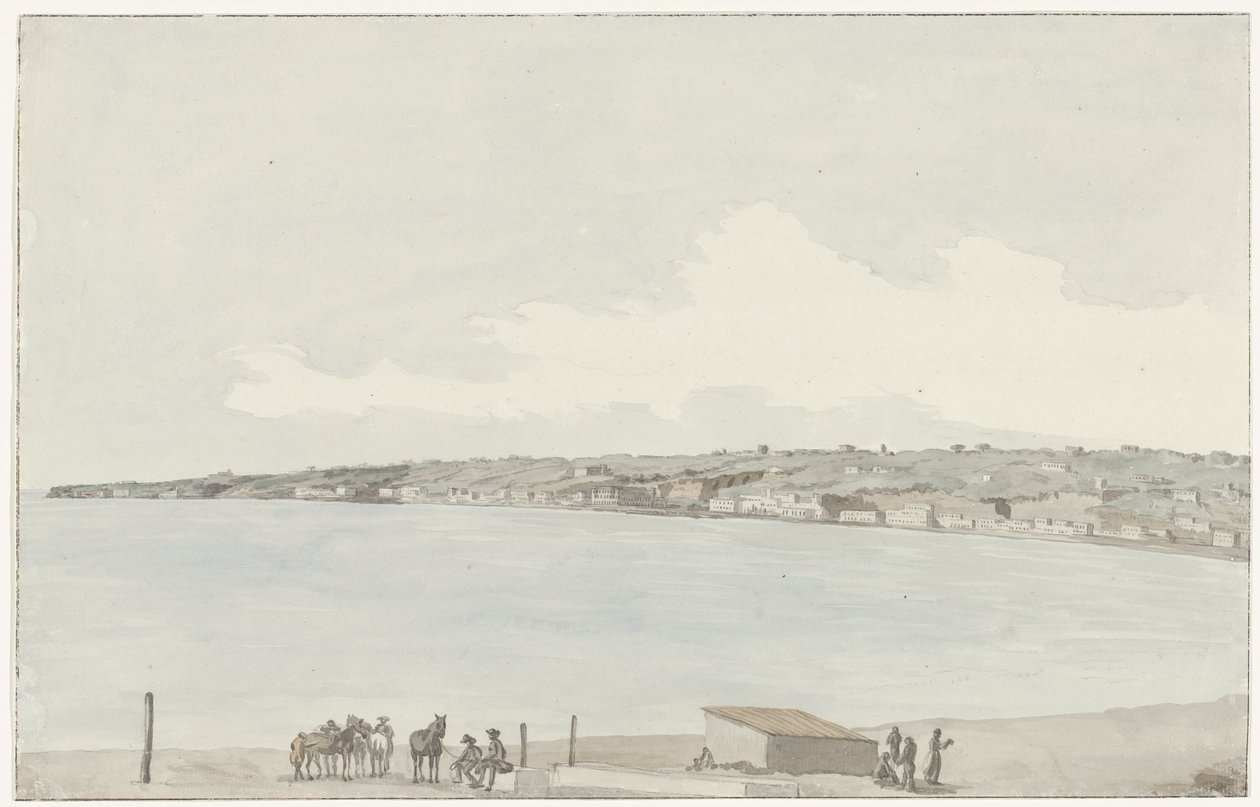 Gezicht op het voorgebergte Pausilype met oude paleis van koningin Jeanne en platteland van Sannazar vanaf het balkon van de herberg door Louis Ducros