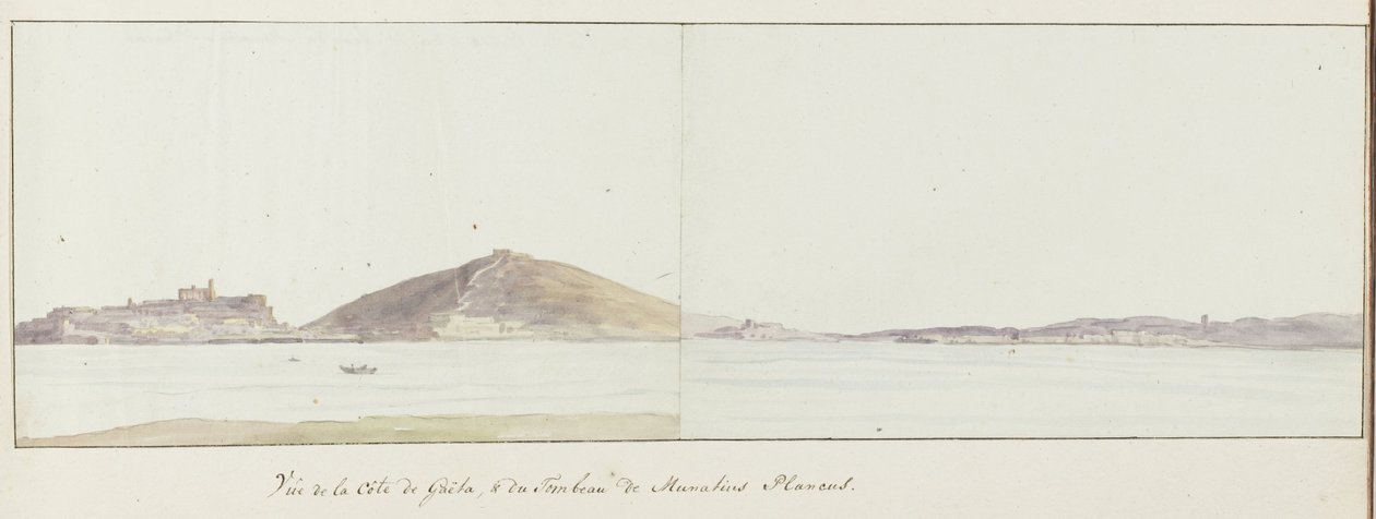 Gezicht op kust van Gaeta en mausoleum van Munatius Plancus door Louis Ducros