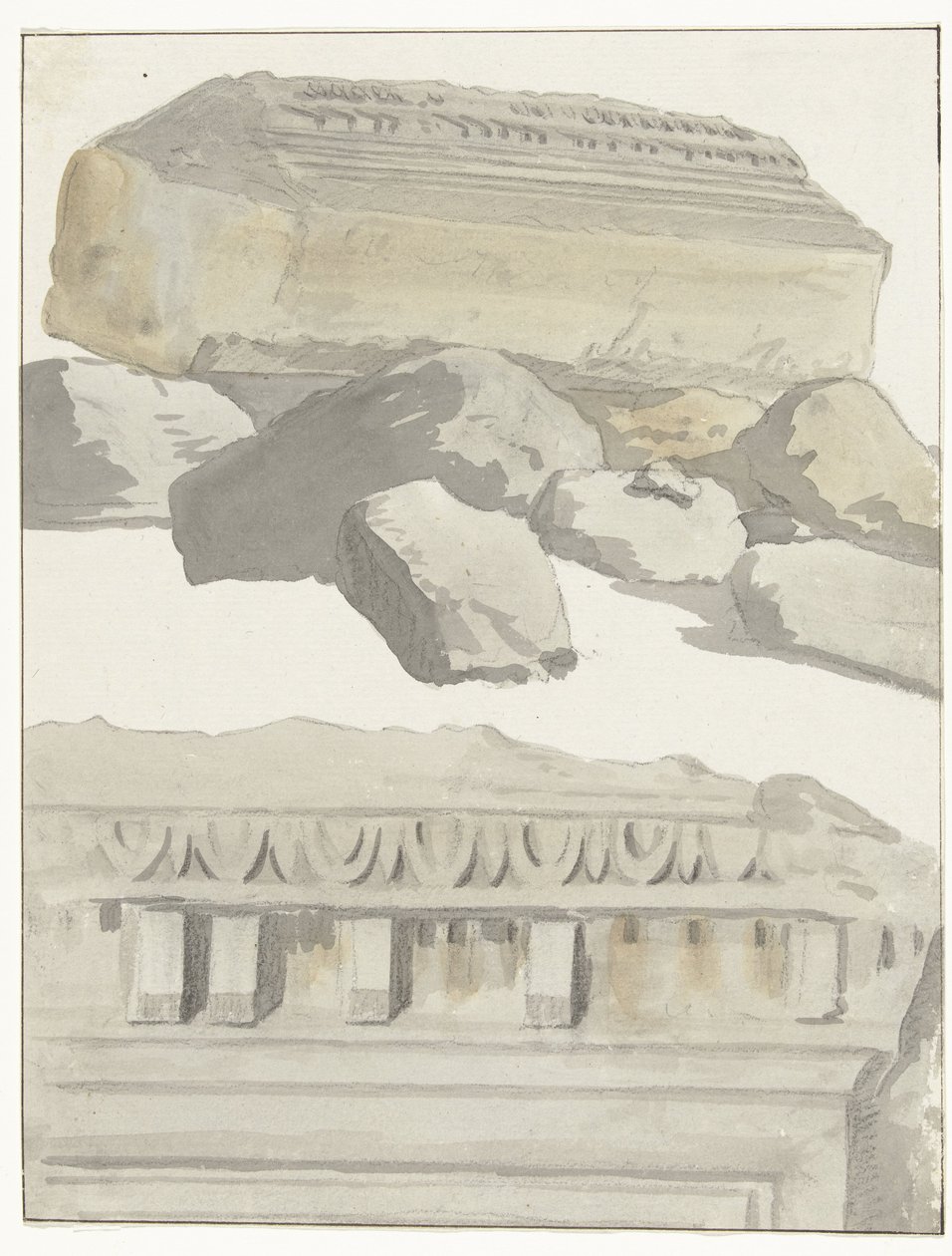 Twee stukken van een architraaf van de antieke tempel in de oude stad Manduria door Louis Ducros
