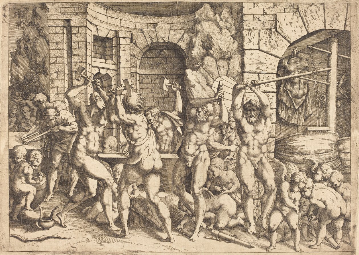 De Smidse van Vulcanus door Louis Elle I after Francesco Primaticcio