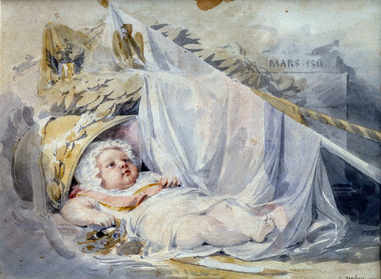 Koning van Rome Napoleon II, hertog van Reichstadt, zoon van keizer Napoleon I als pasgeborene door Louis Eugene Gabriel Isabey