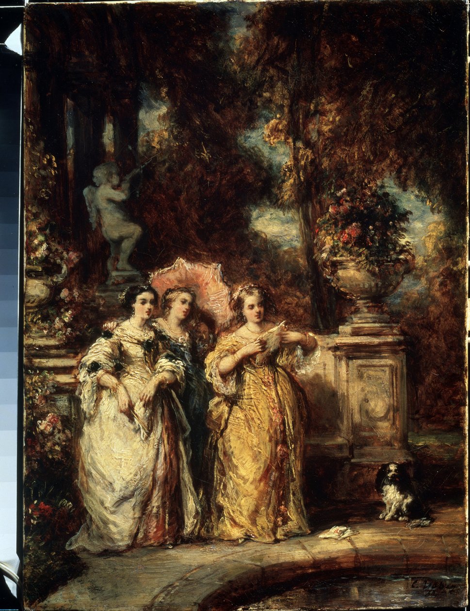 De wandeling. Drie jonge dames van goede komaf in een park. door Louis Eugene Gabriel Isabey