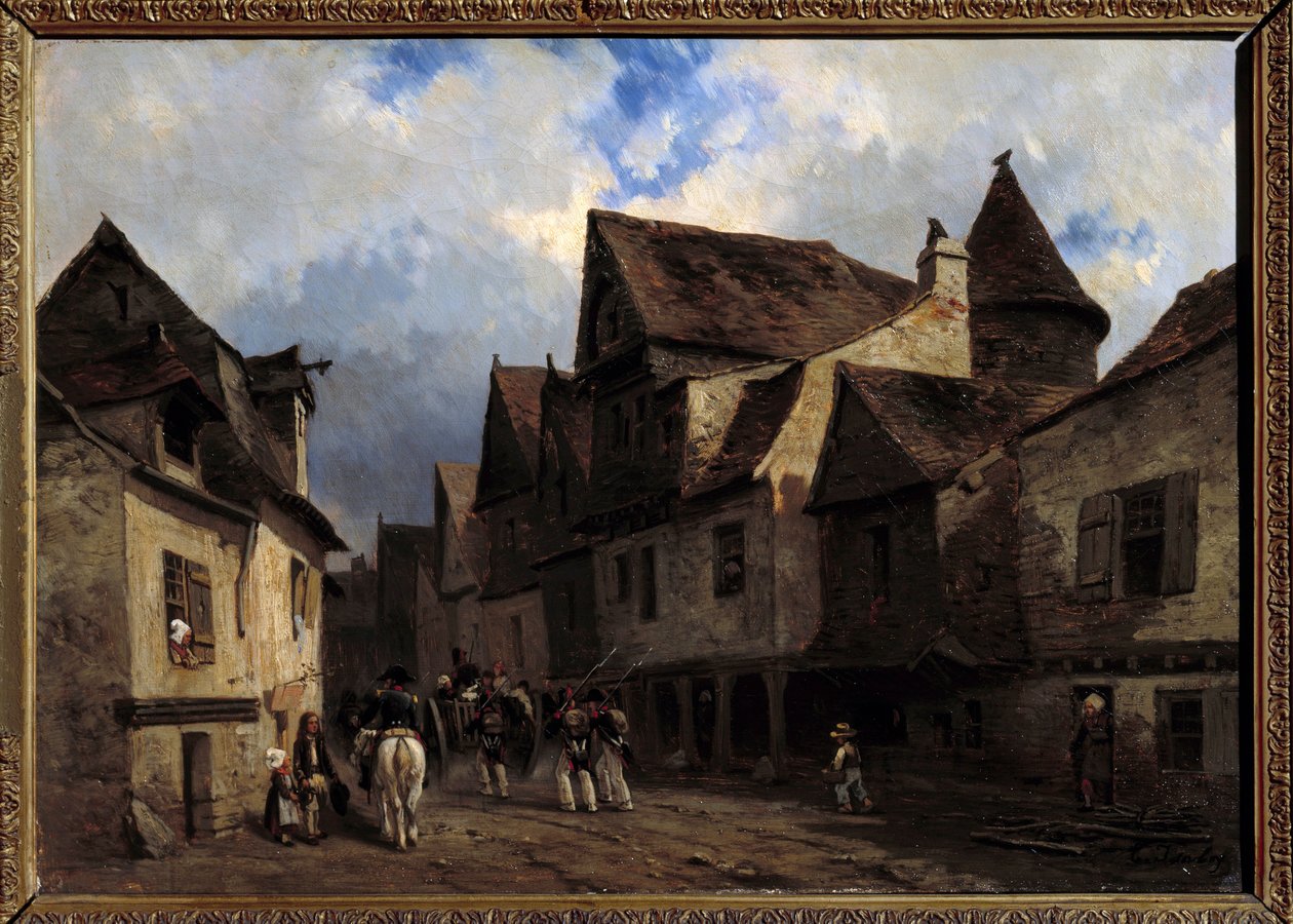 Rue de village Breton door Louis Eugene Gabriel Isabey