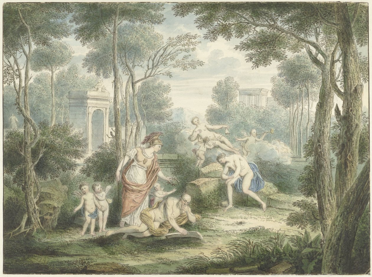Arcadisch landschap met Athene die een oude man kroont en Venus en Adonis door Louis Fabritius Dubourg