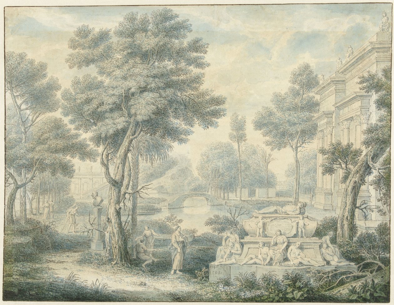 Arcadisch landschap met een graftombe door Louis Fabritius Dubourg