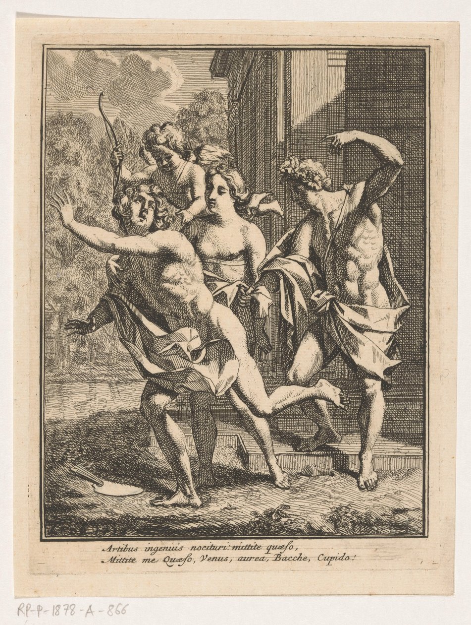 Een jonge man vlucht voor Bacchus, Venus en Amor door Louis Fabritius Dubourg