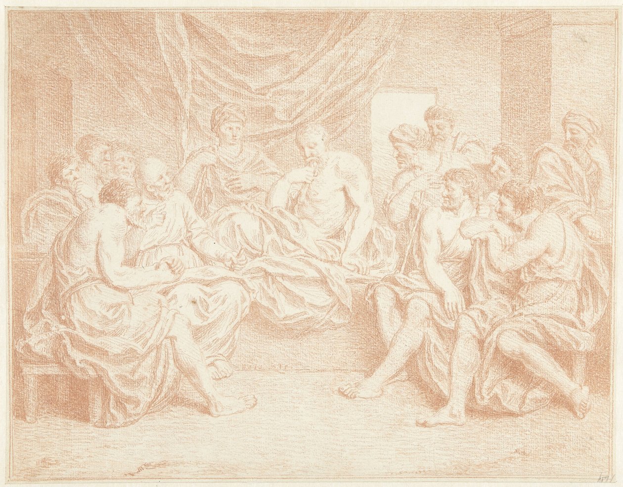 Oude man op bed omringd door personen door Louis Fabritius Dubourg