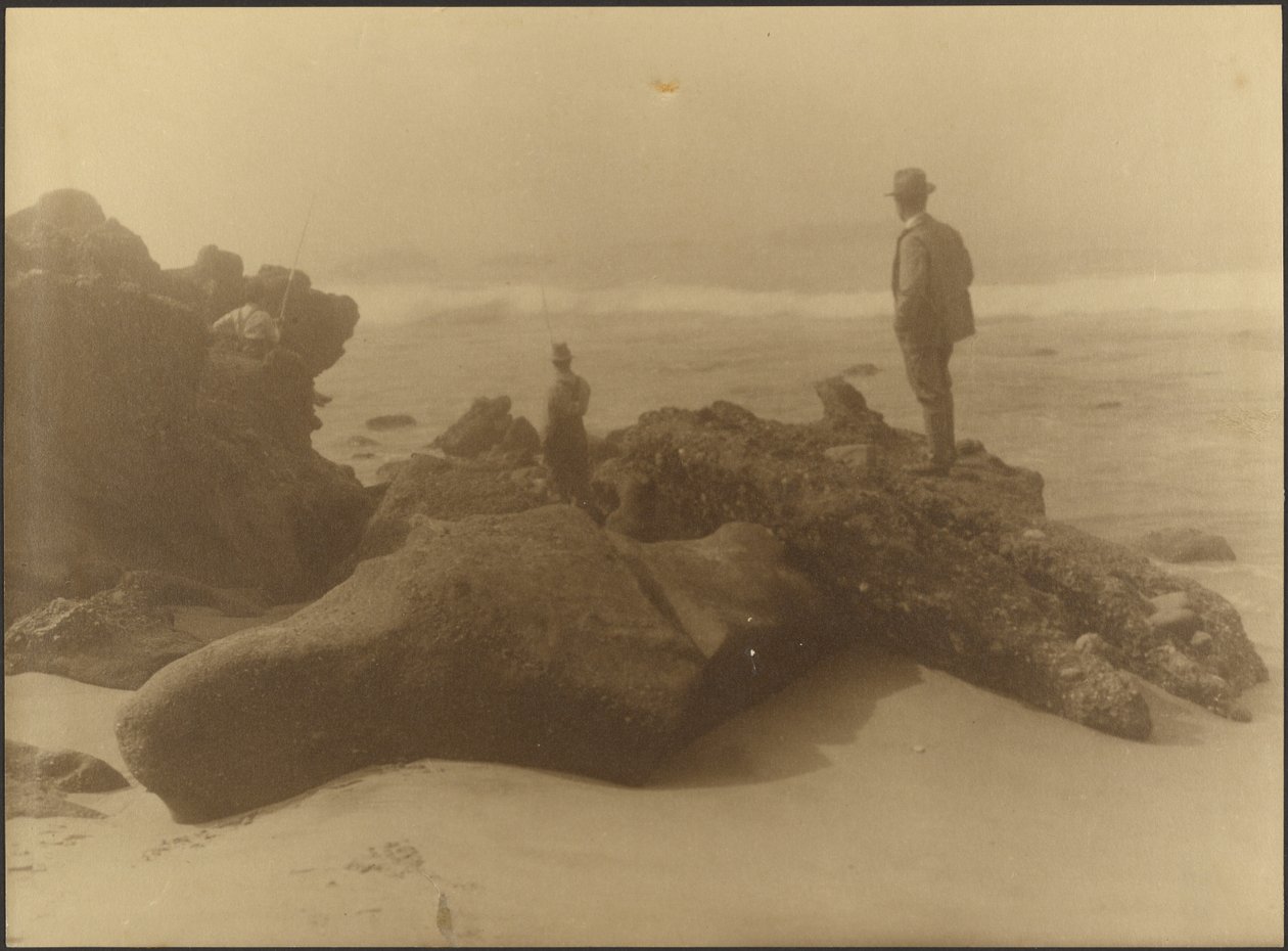 [Drie mannen die vanaf de rotsen op het strand aan het vissen zijn] door Louis Fleckenstein