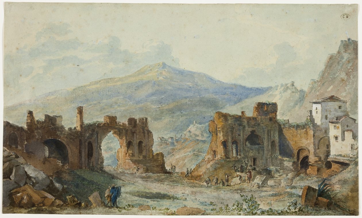 Het antieke theater in Taormina met uitzicht op de Etna, studie voor Saint Non