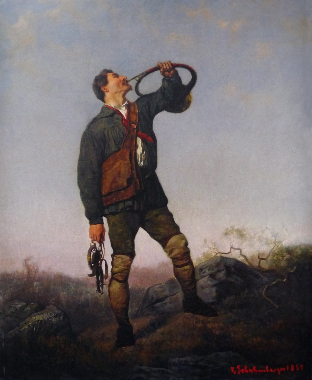 Jager die op zijn hoorn blaast of L