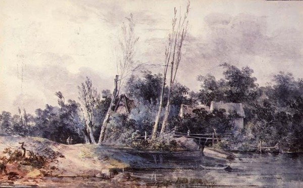 Huisjes en wilg bij een beek met figuren door Louis Gabriel Moreau