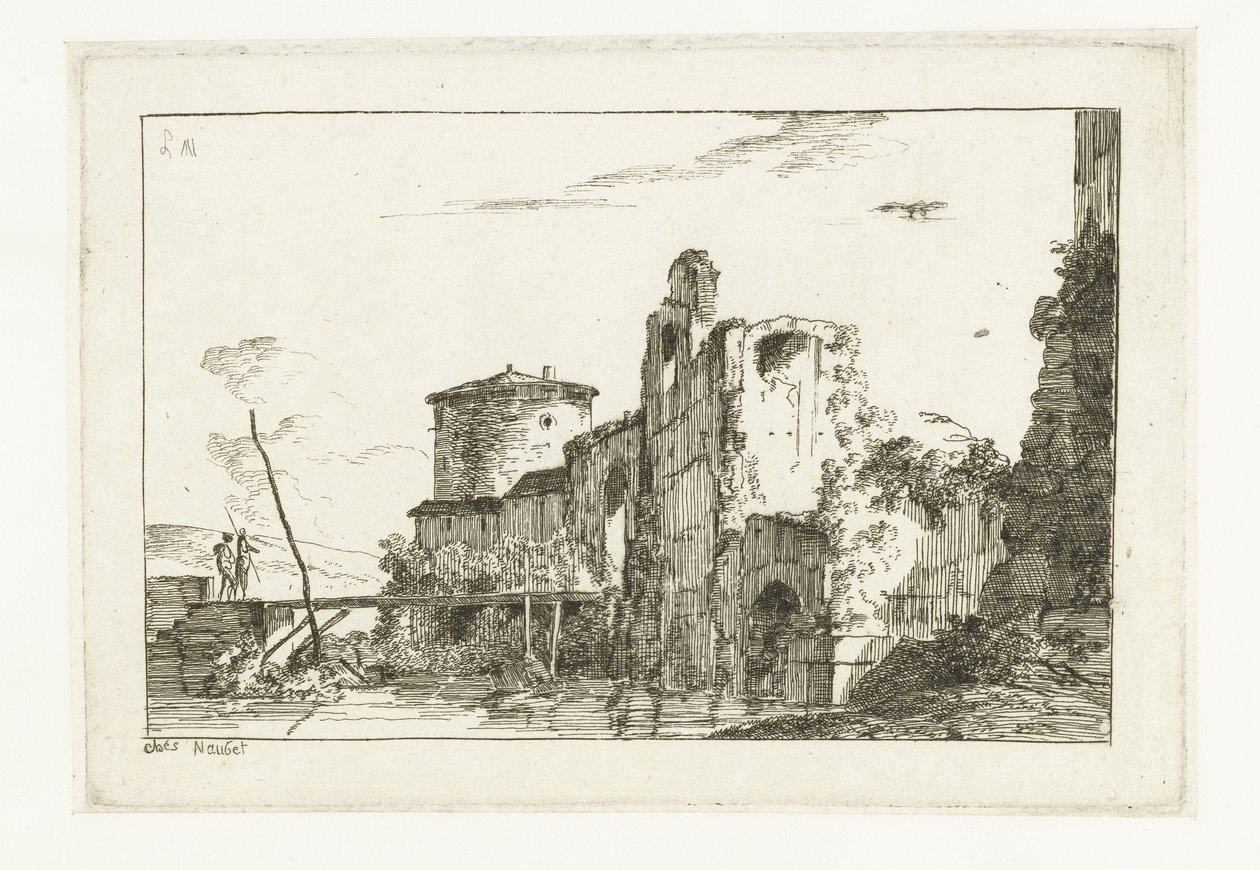 Fort en een brug over de rivier door Louis Gabriel Moreau