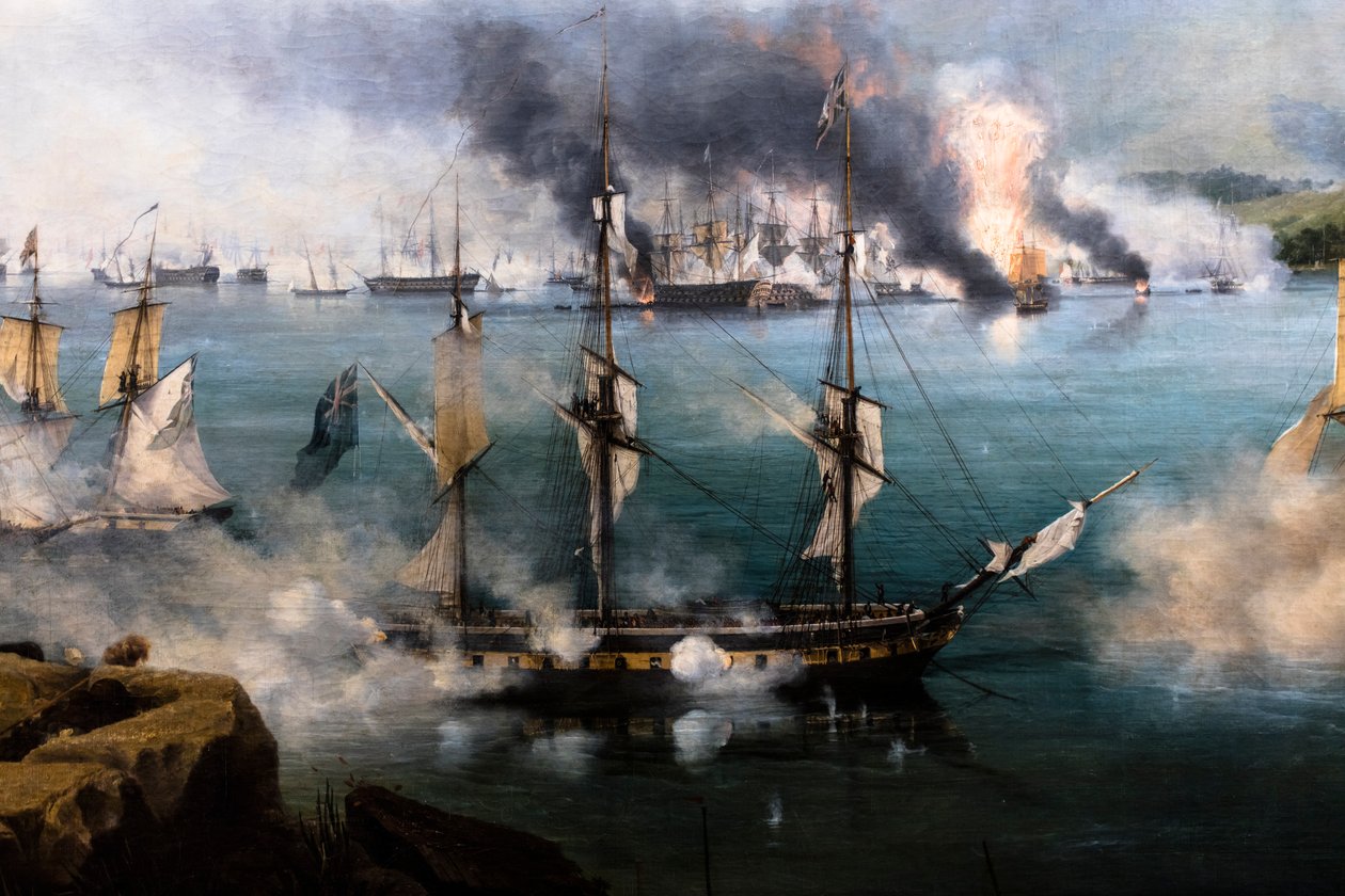 De Slag bij Navarin; uitzicht vanaf de zuidpunt van het eiland Sphacteria door Louis Garneray