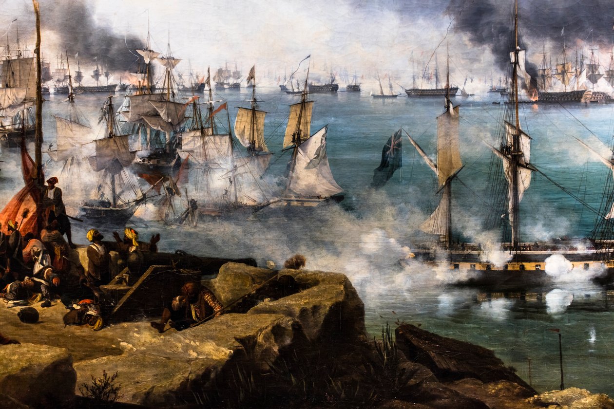 De Slag bij Navarin; uitzicht vanaf de zuidpunt van het eiland Sphacteria door Louis Garneray