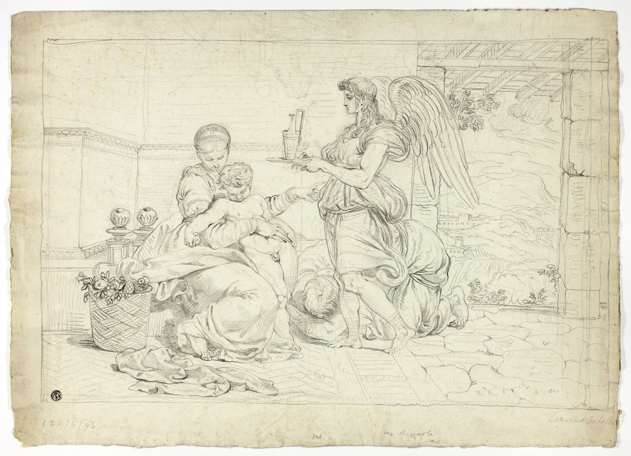 Heilige familie met engel die een waterkan draagt (recto); rechterhelft van schets voor Lunette (verso) door Louis Gauffier